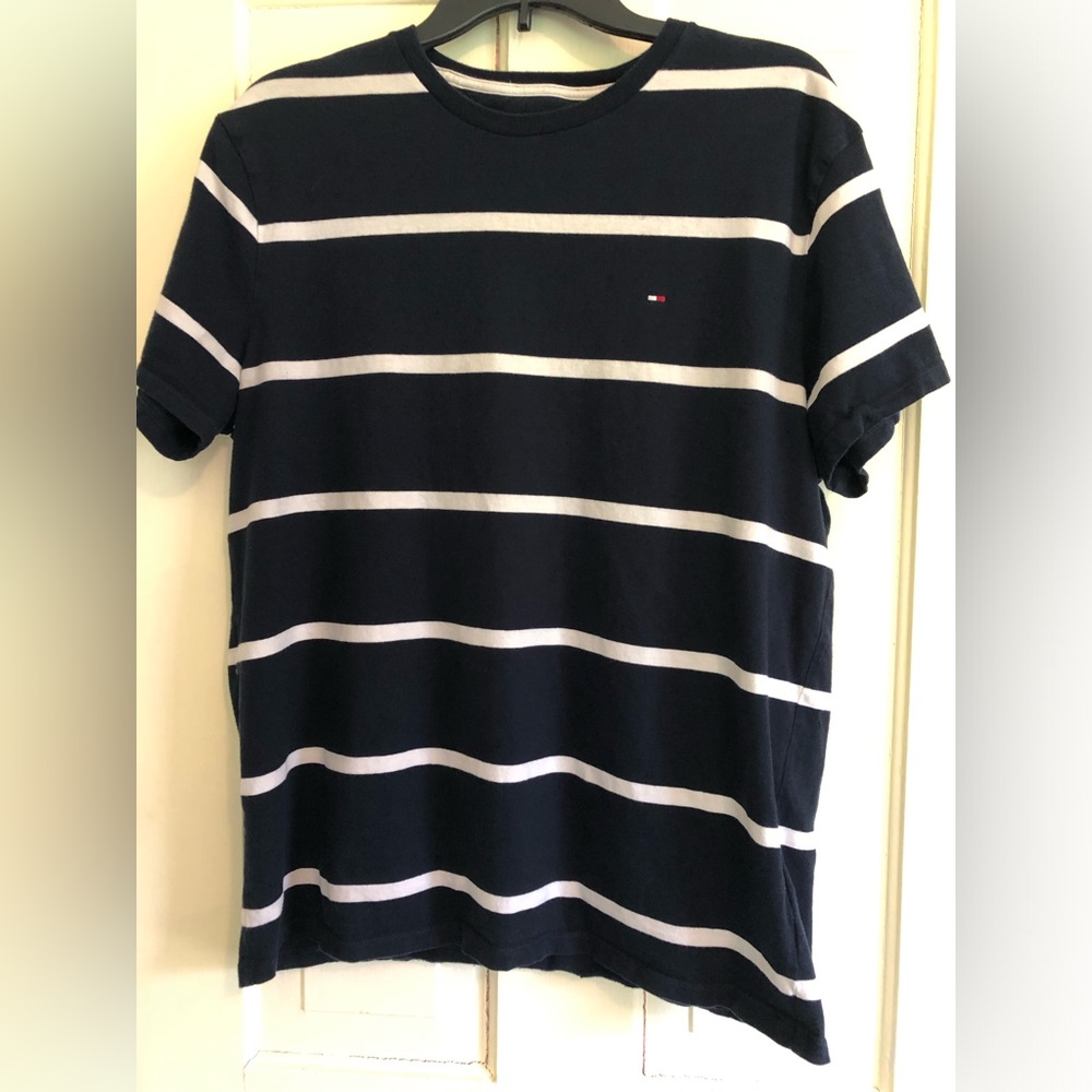 Tommy Hilfiger Navy and White Striped Crewneck Tee